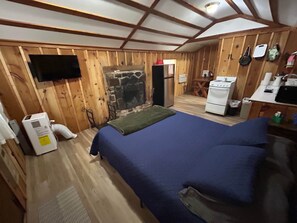 A wooden-paneled room with a bed, a fireplace, a television, and a kitchenette.