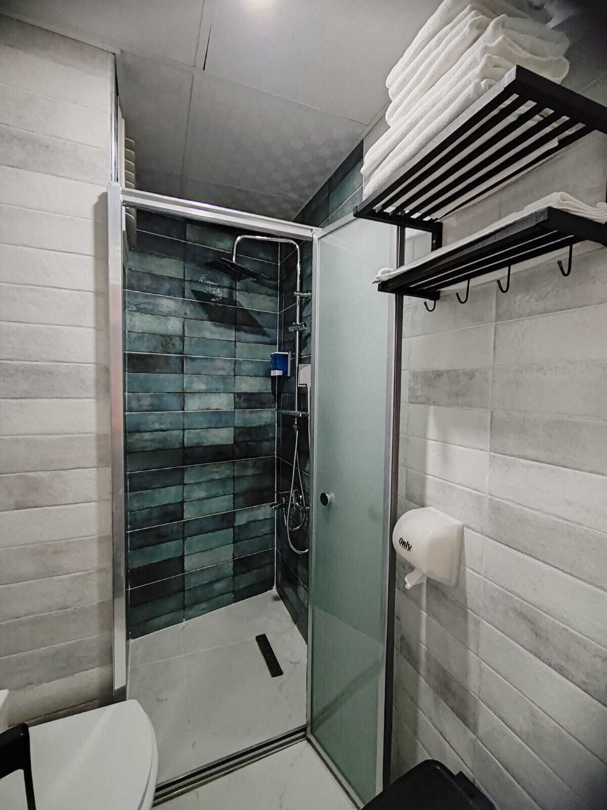 A modern bathroom with a glass shower enclosure, a toilet, and a towel rack.