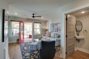 Smart TV, fireplace, books