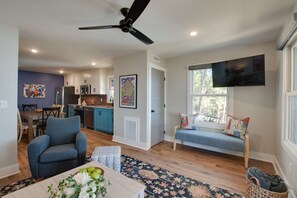 Smart TV, fireplace, books