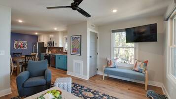 Smart TV, fireplace, books