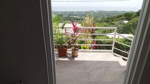 A balcony with potted plants and a welcome mat. - Charming 2-bedroom apartment with WiFi, AC in lovely St David's
 (Saint David)