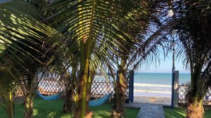 Un sentiero che porta a una spiaggia con palme e un'amaca.