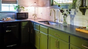 A kitchen with green cabinets, a microwave, a sink, and a window with a view. - The Menagerie (Fredericksburg)