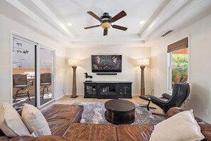Smart TV, fireplace, video games, stereo