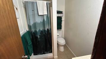 Une salle de bain avec un rideau de douche, des toilettes et un porte-serviettes.