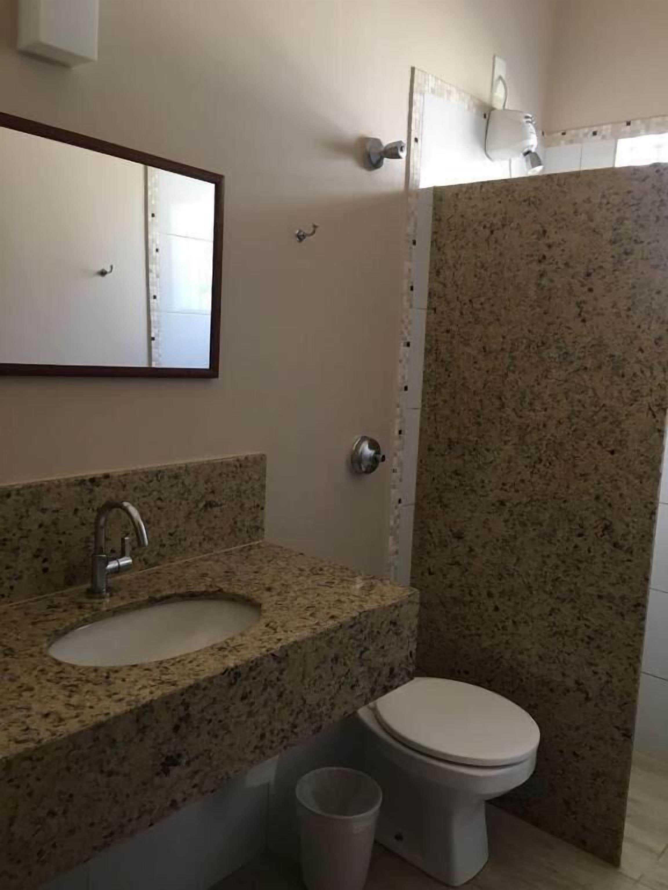 A bathroom with a granite countertop sink, a toilet, and a shower area.