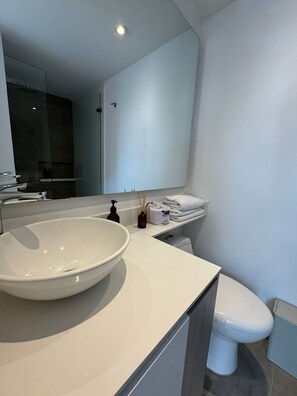 Hair dryer, towels, soap, toilet paper