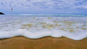 A beach with waves lapping at the shore and a flag in the distance. - Pousada Rosa da Praia - Praia do Rosa (Imbituba)
