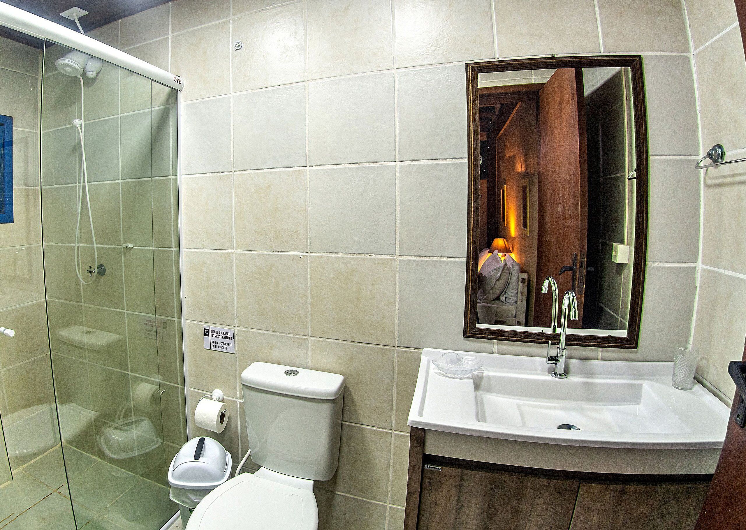 A bathroom with a glass-enclosed shower, a toilet, a sink with a mirror above it, and a wall-mounted toilet paper dispenser.