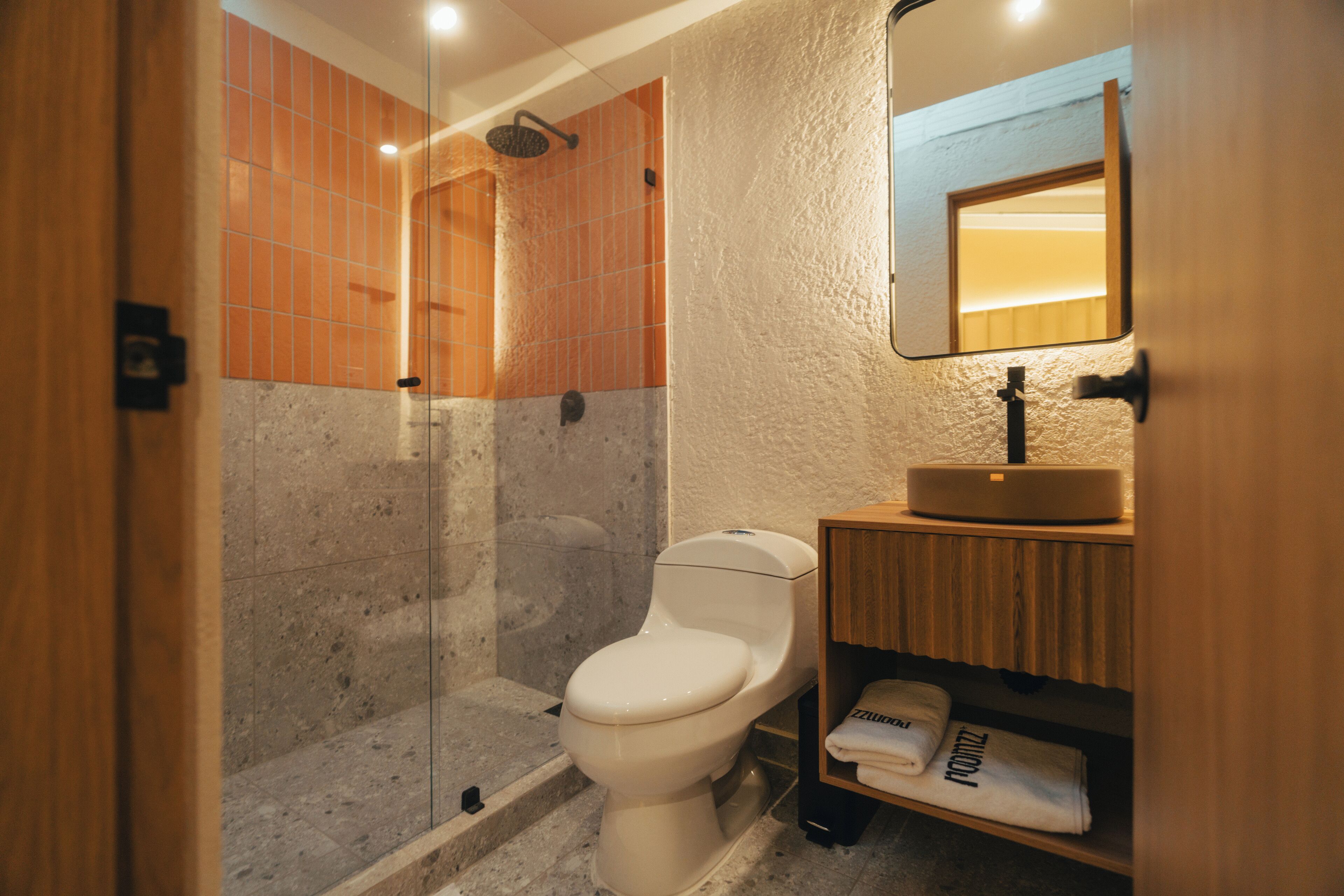 A bathroom with a glass-enclosed shower, a white toilet, and a wooden vanity with a mirror.