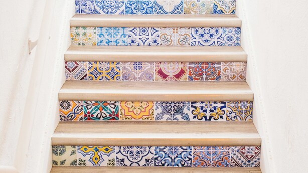 A staircase with colorful, patterned tiles. - Charming Casita - 3 BDRM Downtown (Bozeman)