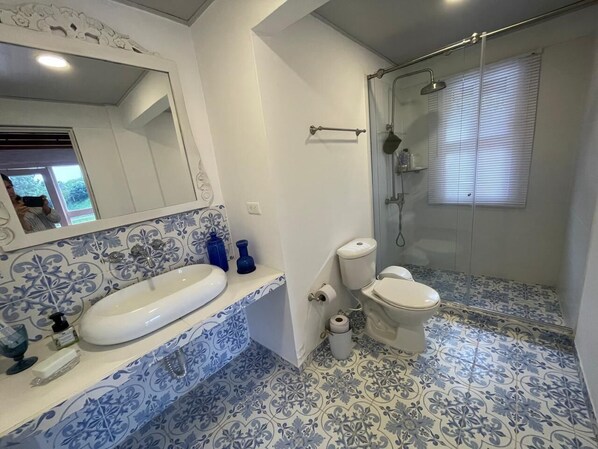 A bathroom with a white sink, toilet, and shower. The floor and walls have blue floral tile patterns.
