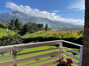 A balcony with a white railing overlooking a lush green landscape and distant mountains.