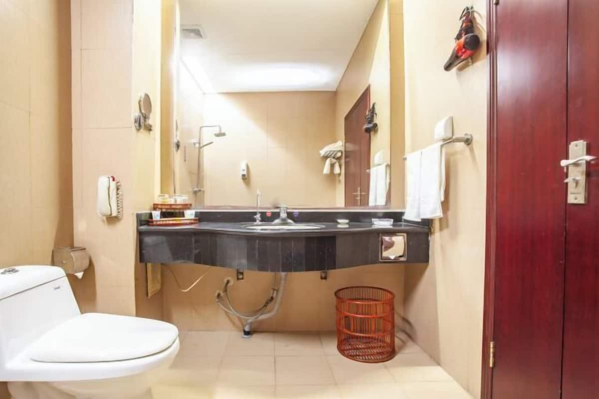 Une petite salle de bain comprenant des toilettes, un lavabo et une douche.