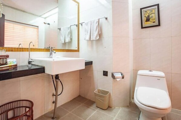 Une salle de bain équipée d’un lavabo, d’un miroir, d’un porte-serviettes, de toilettes et d’une poubelle.