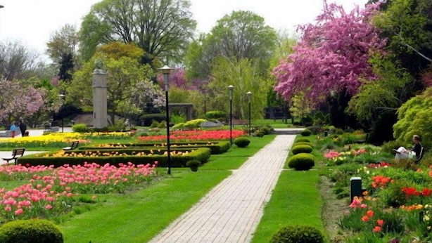 Un jardin avec un chemin pavé, des haies soigneusement taillées et des plantes en fleurs.