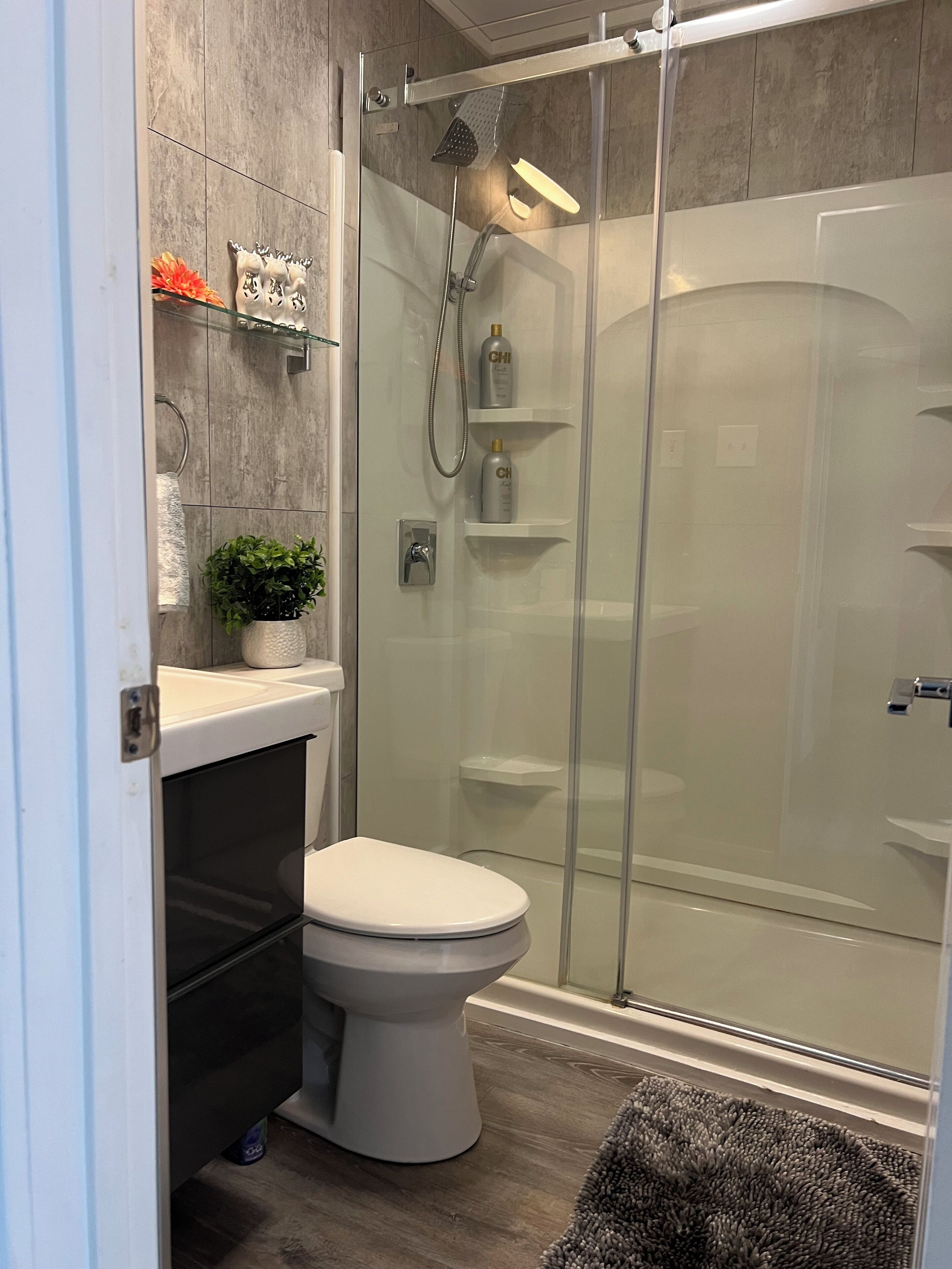 A modern bathroom with a glass-enclosed shower, a toilet, and a sink area with a potted plant.