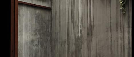 A modern outdoor space with a concrete wall, a small water feature, and a potted plant.
