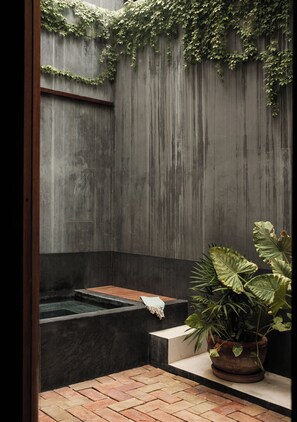 A modern outdoor space with a concrete wall, a small water feature, and a potted plant. - Suuel Hotel  Adults Only (Puerto Escondido)