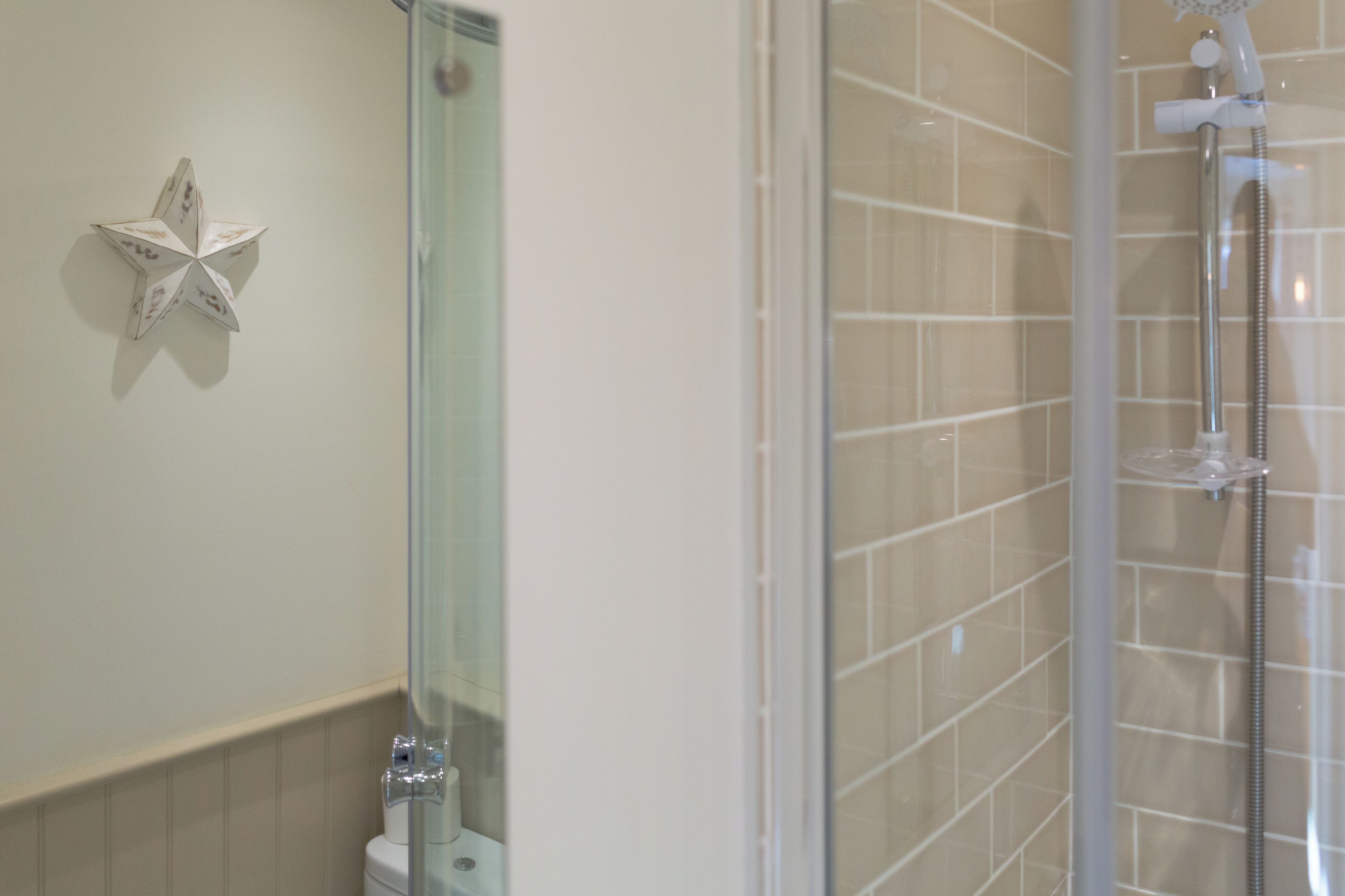 A bathroom with a shower, a toilet, and a wall-mounted star decoration.