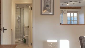 A bathroom with a glass shower enclosure, a toilet, and a framed picture on the wall.