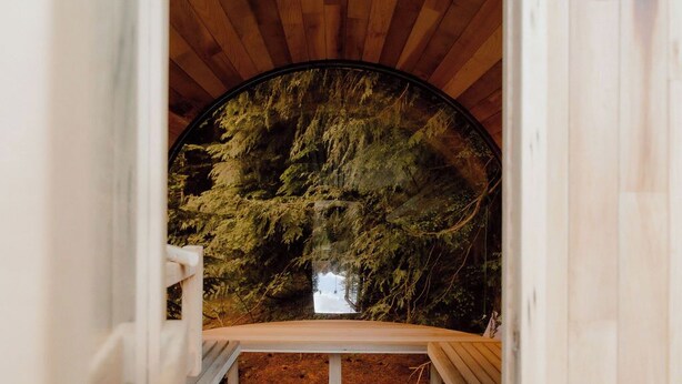 A circular window with a view of a forested area.