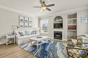 TV, fireplace, books, computer monitors