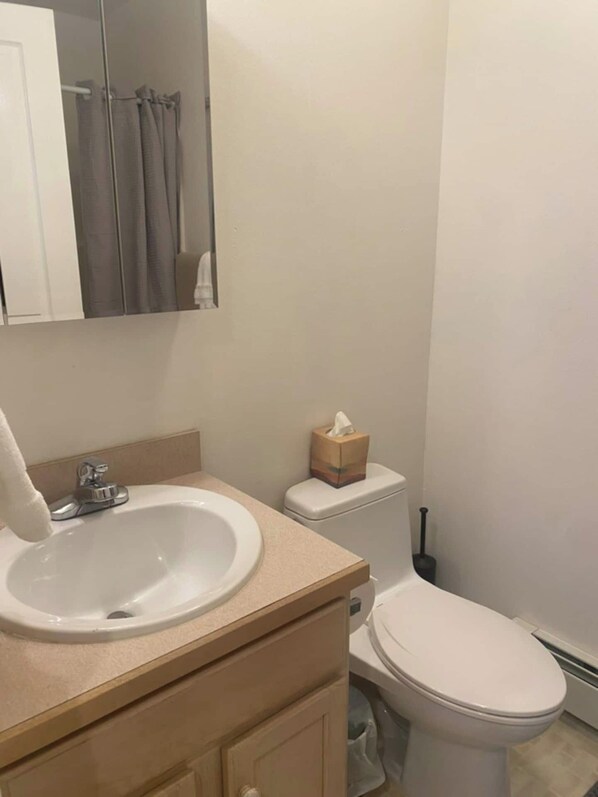 Een badkamer met een wastafel, toilet en spiegel.