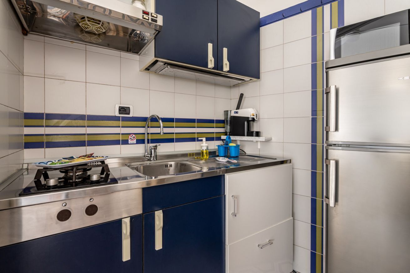 Kühlschrank, Mikrowelle, Herdplatte, Kochgeschirr/Geschirr/Besteck