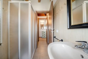 Shower, hair dryer, bidet, towels