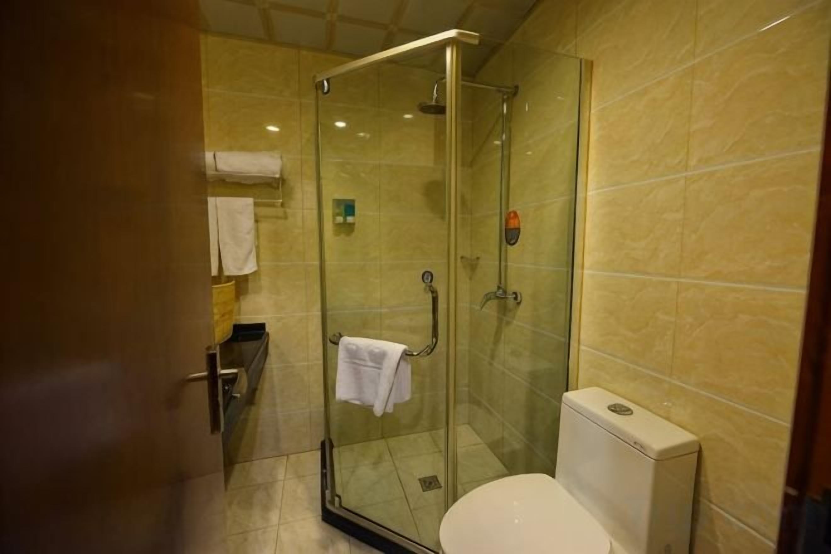 A glass-enclosed shower stall with a toilet and towel rack.