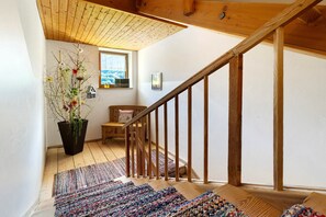 Un escalier en bois donnant sur une fenêtre, avec une plante en pot et un tapis.