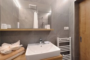 Shower, hair dryer, towels