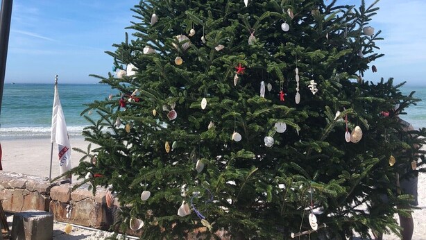 Un árbol de Navidad decorado con adornos, una bandera estadounidense y vistas a la playa.