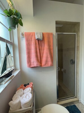 Een douche, een haardroger, handdoeken, zeep