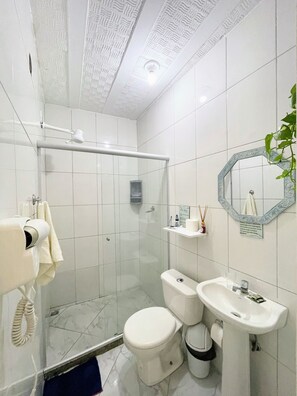 Ducha, secador de pelo, toallas, jabón