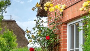 A brick house with a window, surrounded by lush greenery and flowering plants. - Liiger Wal - Typically Frisian: Apartment "Liiger Wal" in Morsum (Morsum)