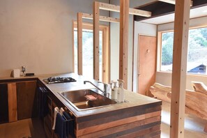 Fridge, microwave, stovetop, cookware/dishes/utensils