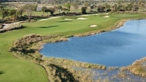 Een golfbaan met een vijver en een persoon in een wit shirt en korte broek.