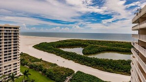 A high-rise hotel overlooking a beach with a mangrove barrier and a clear sky. - Modern 2BR Condo l Gorgeous Oceanview (Marco Island)
