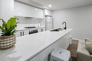 Fridge, microwave, oven, stovetop