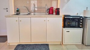 Een kleine keuken met een spoelbak, een toasteroven en een compacte koelkast.