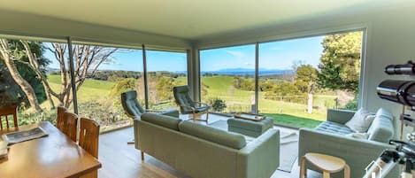Smart TV, chimenea, libros y estéreo