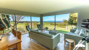 Smart TV, fireplace, books, stereo