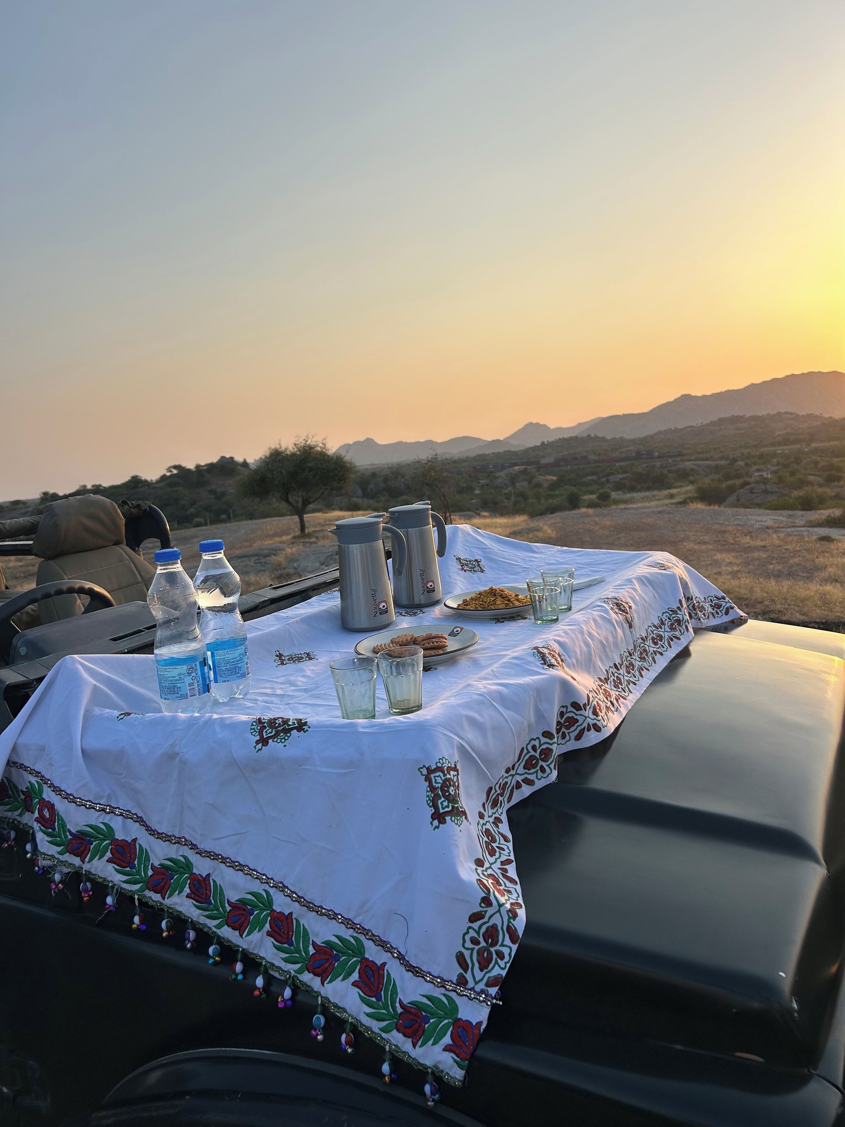 A table set with water bottles, a thermos, a plate of food, and glasses on a tablecloth with a floral pattern, outdoors with a mountainous backdrop.