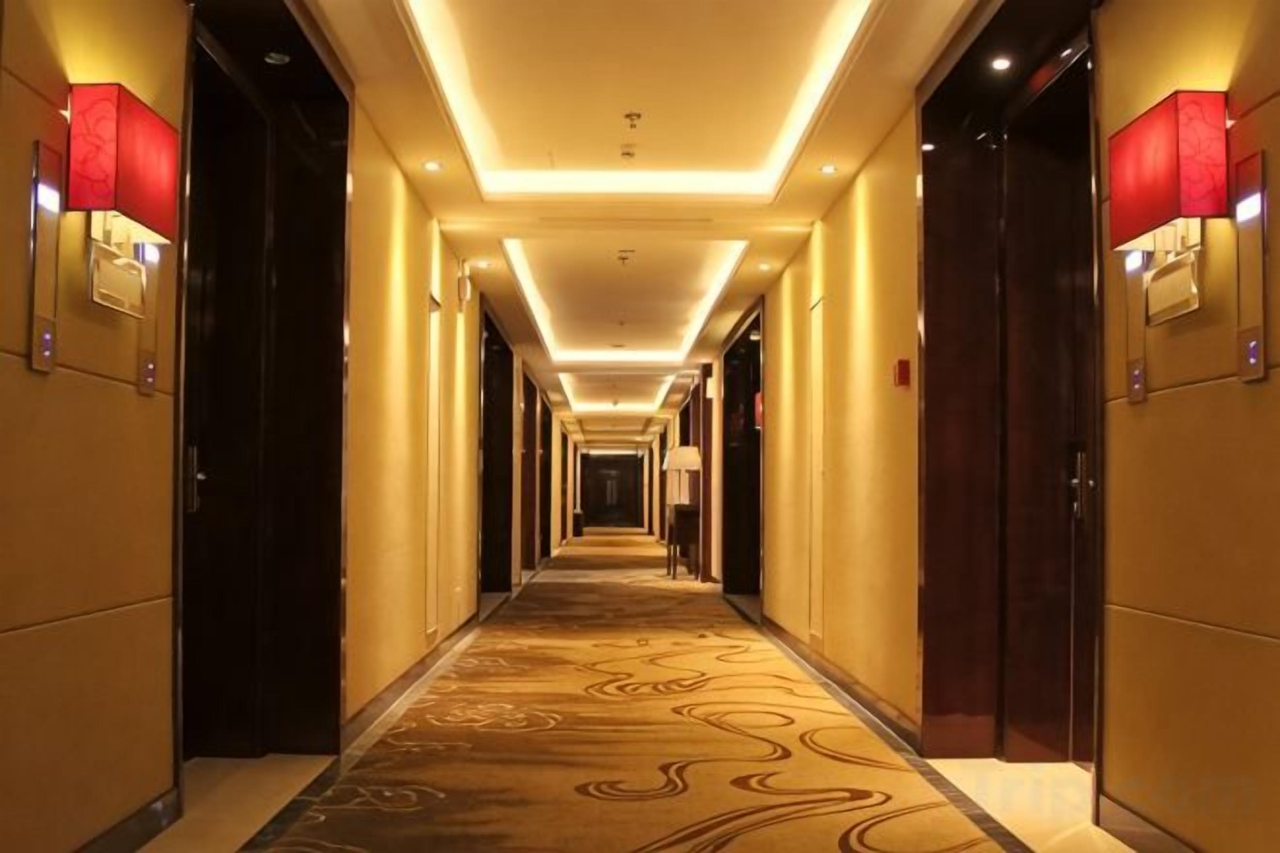 A hotel hallway with a carpeted floor, doors on both sides, and overhead lighting.