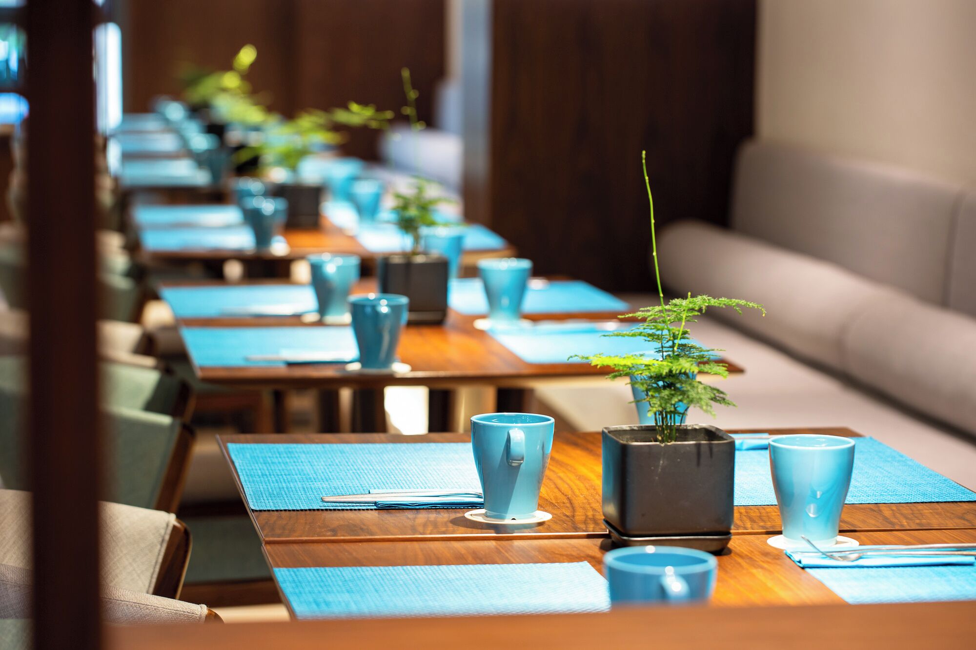 Eine Reihe von Tischen mit blauen Tischsets, passenden blauen Tassen und einem kleinen Blumentopf auf jedem Tisch.