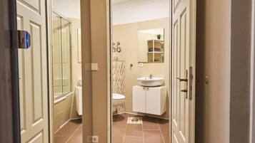Hair dryer, towels, soap, shampoo