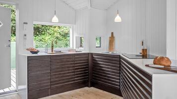 Fridge, stovetop, dishwasher, coffee/tea maker